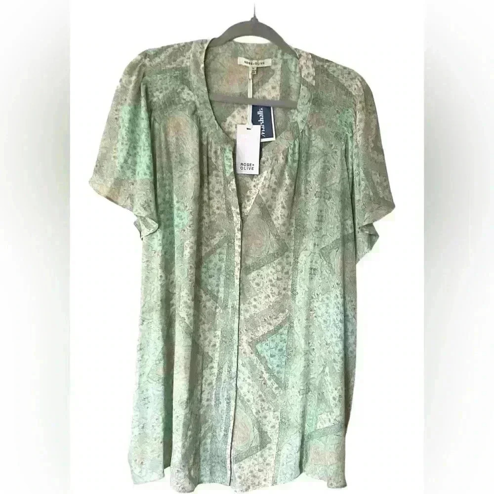 NWT Rose + Olive button Down Polyester Tunic Top SIZE 3X Paisley Mint Green